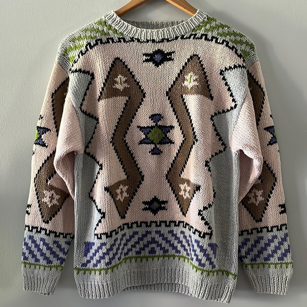 Vintage 80’s Knitted By Hand Susan d Pullover Southwestern Crew Neck Sweater Med